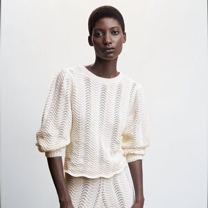 Mango Women’s Cream and White Puff Sleeve Knitted Sweater